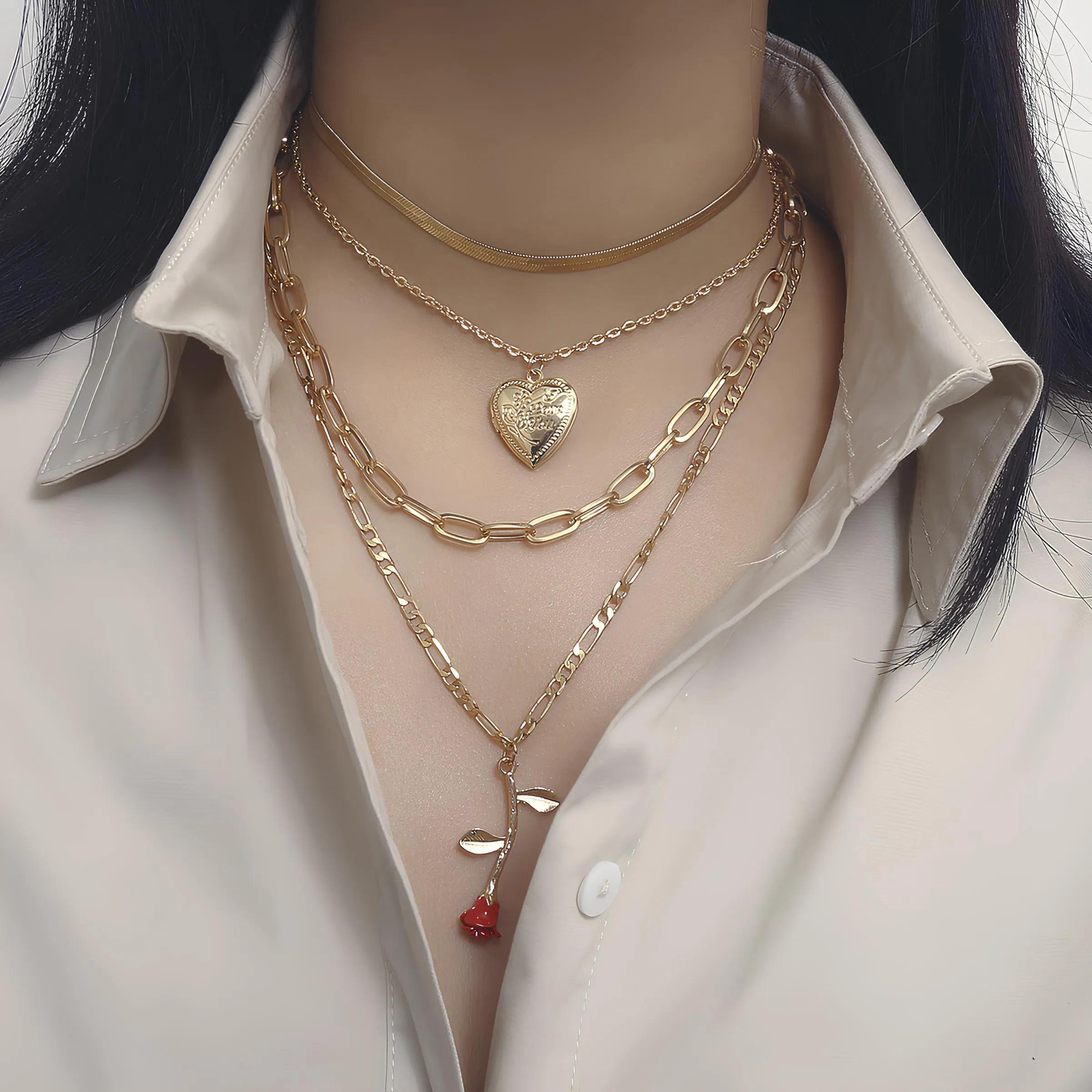 Creative Rose Geometric Open Peach Heart Necklace
