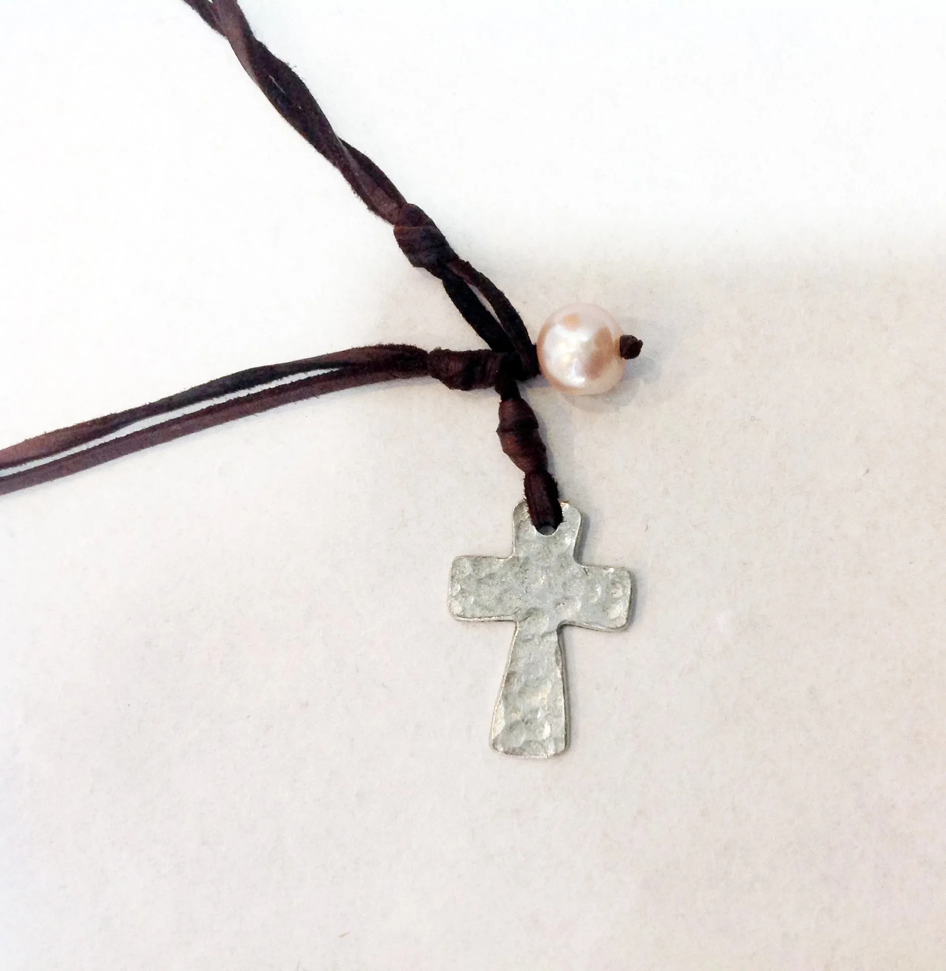 Cross Choker, Freshwater Pearl and Hammered Metal Cross Necklace
