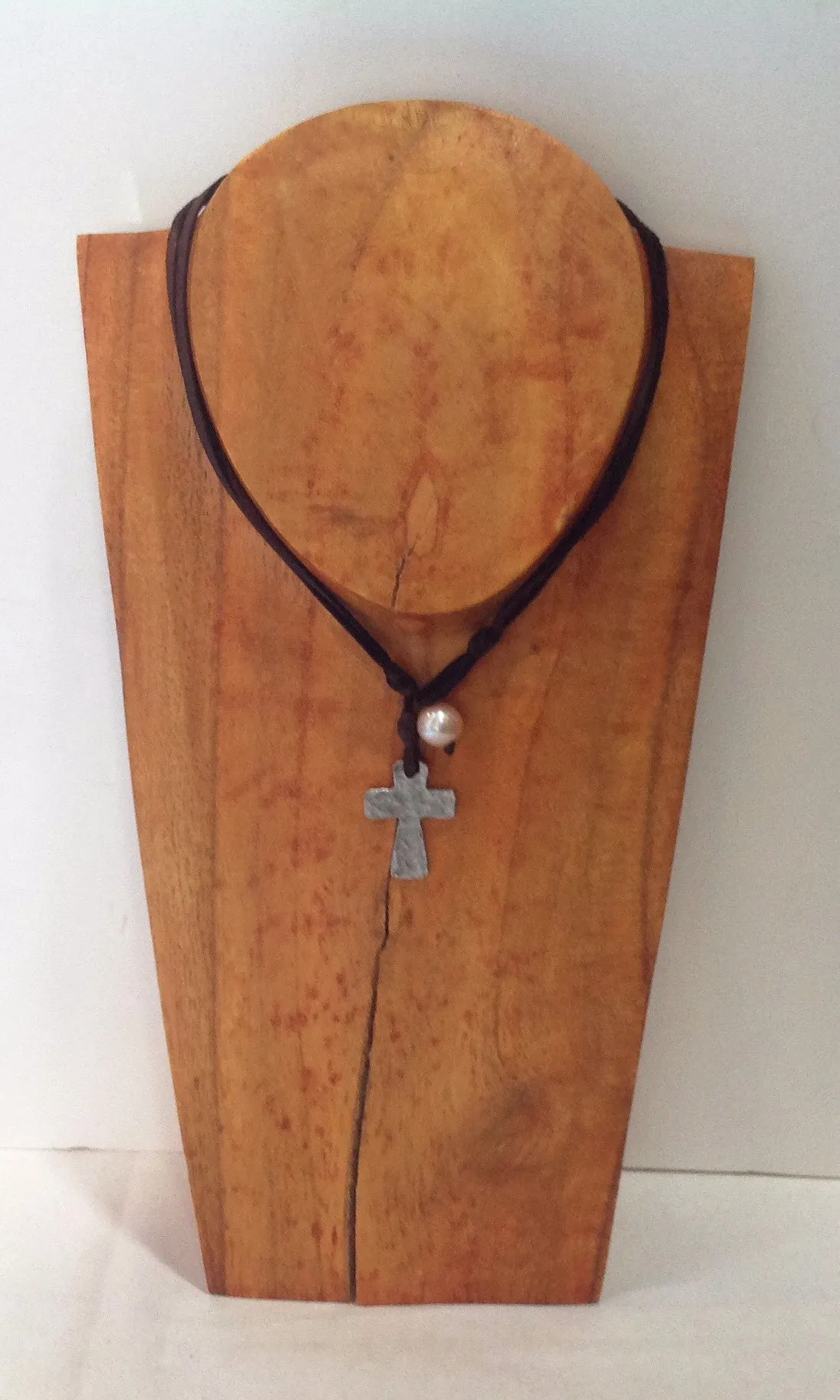 Cross Choker, Freshwater Pearl and Hammered Metal Cross Necklace