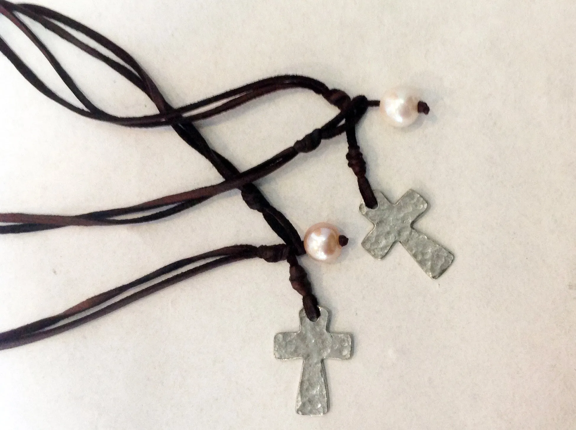 Cross Choker, Freshwater Pearl and Hammered Metal Cross Necklace