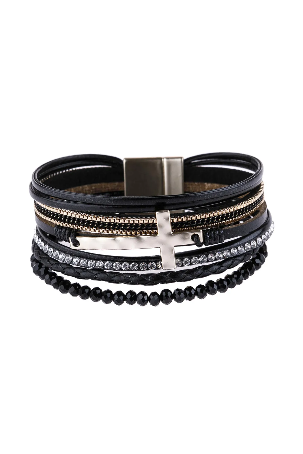 CROSS LEATHER WRAP GLASS BEADS MAGNETIC BRACELET