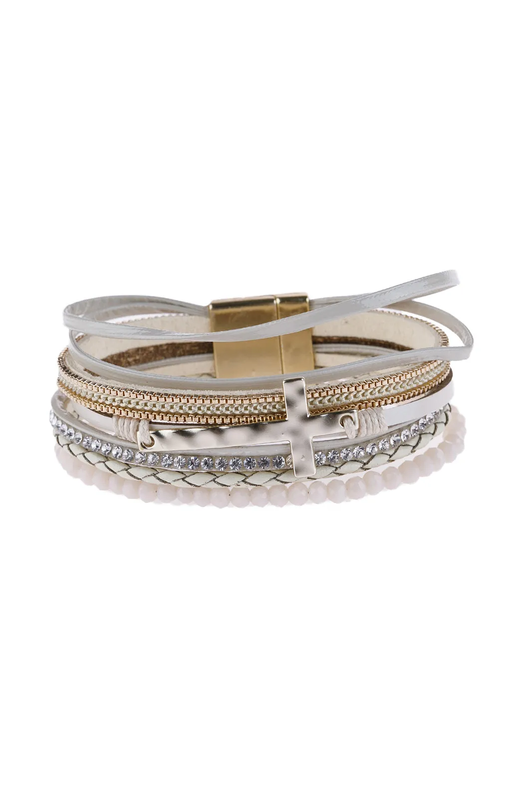 CROSS LEATHER WRAP GLASS BEADS MAGNETIC BRACELET