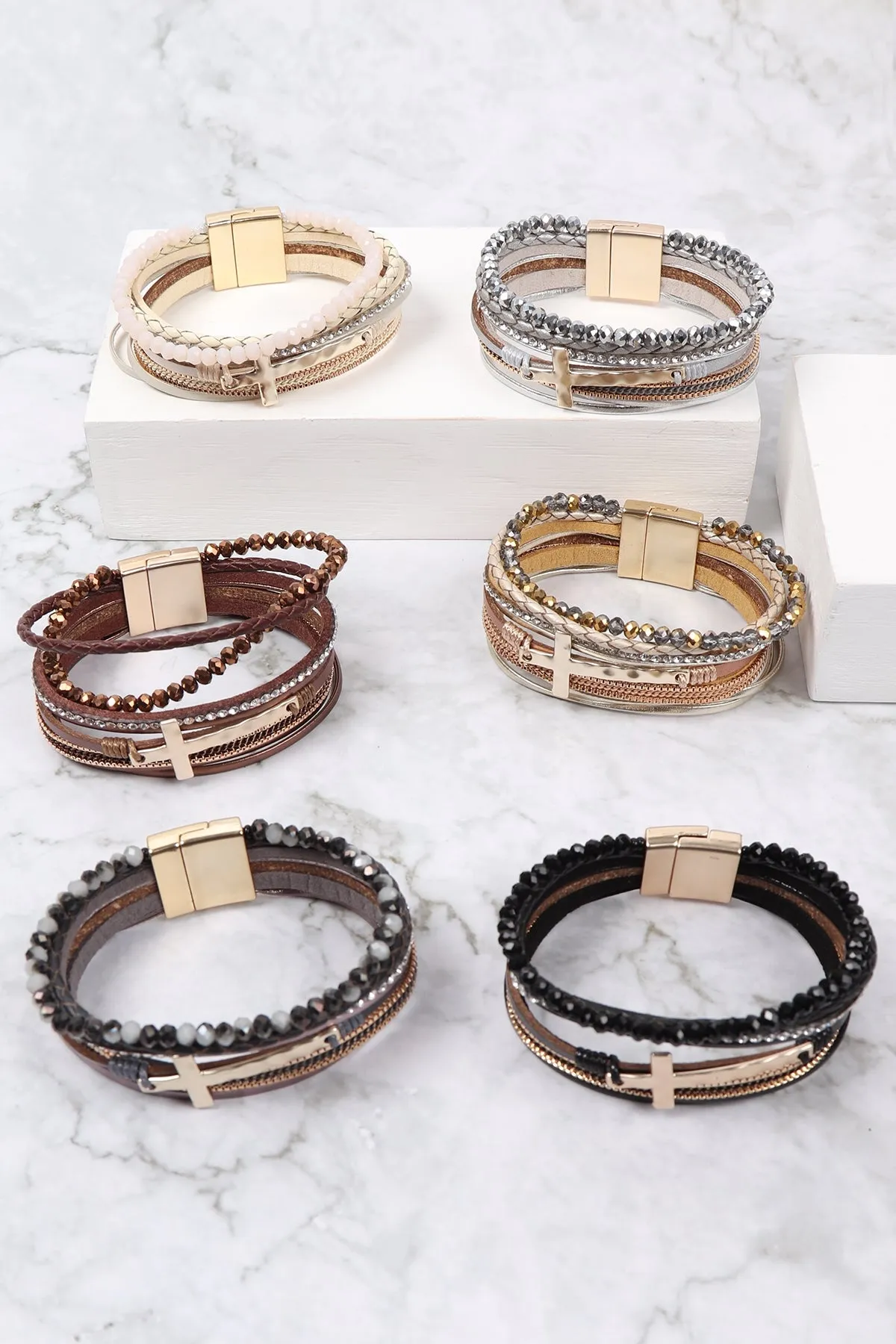 CROSS LEATHER WRAP GLASS BEADS MAGNETIC BRACELET