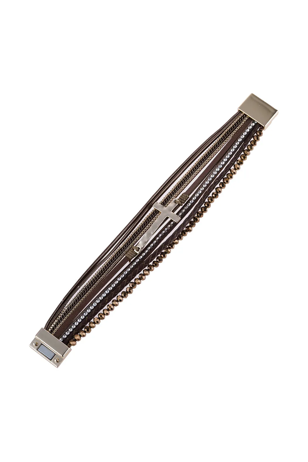CROSS LEATHER WRAP GLASS BEADS MAGNETIC BRACELET