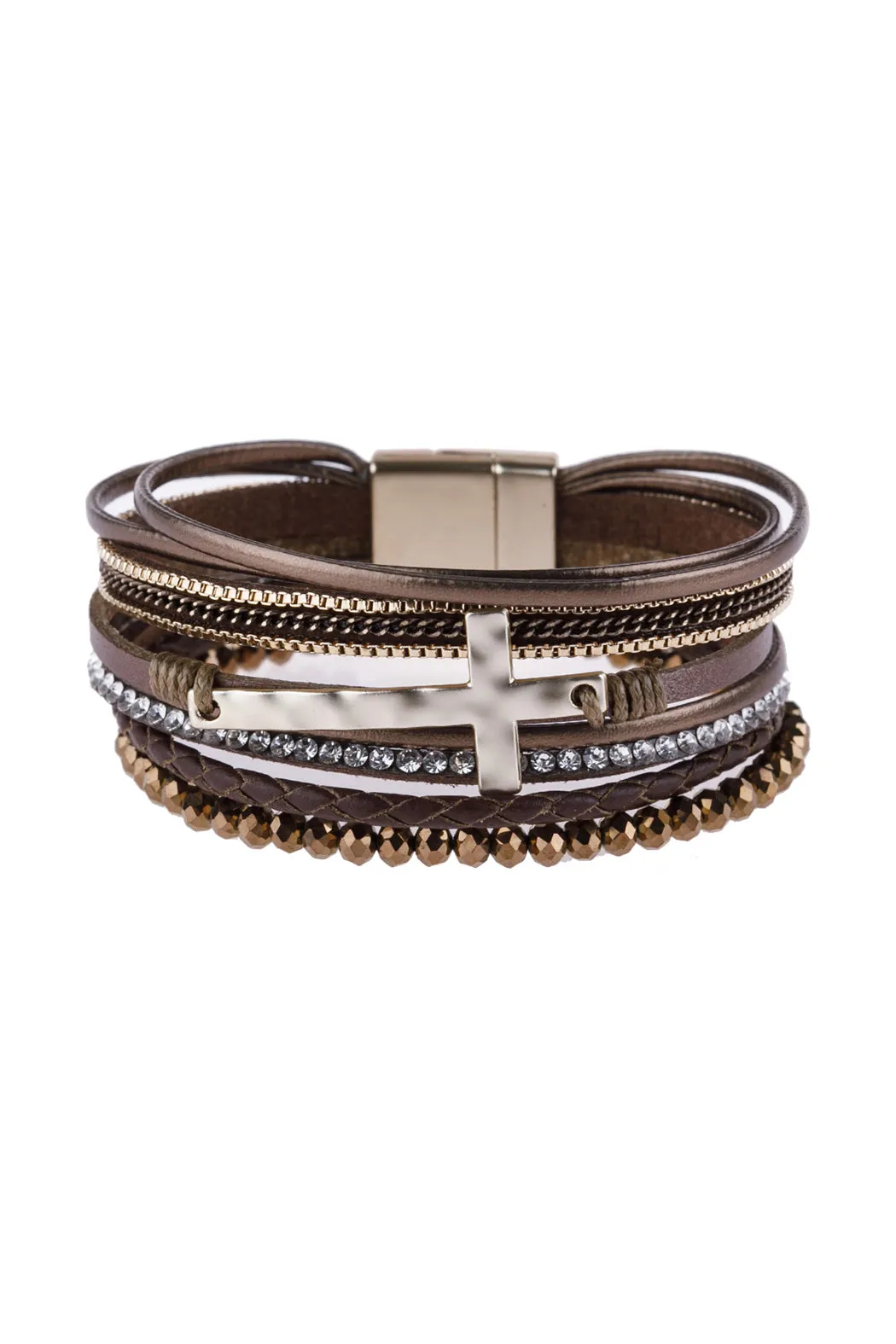 CROSS LEATHER WRAP GLASS BEADS MAGNETIC BRACELET