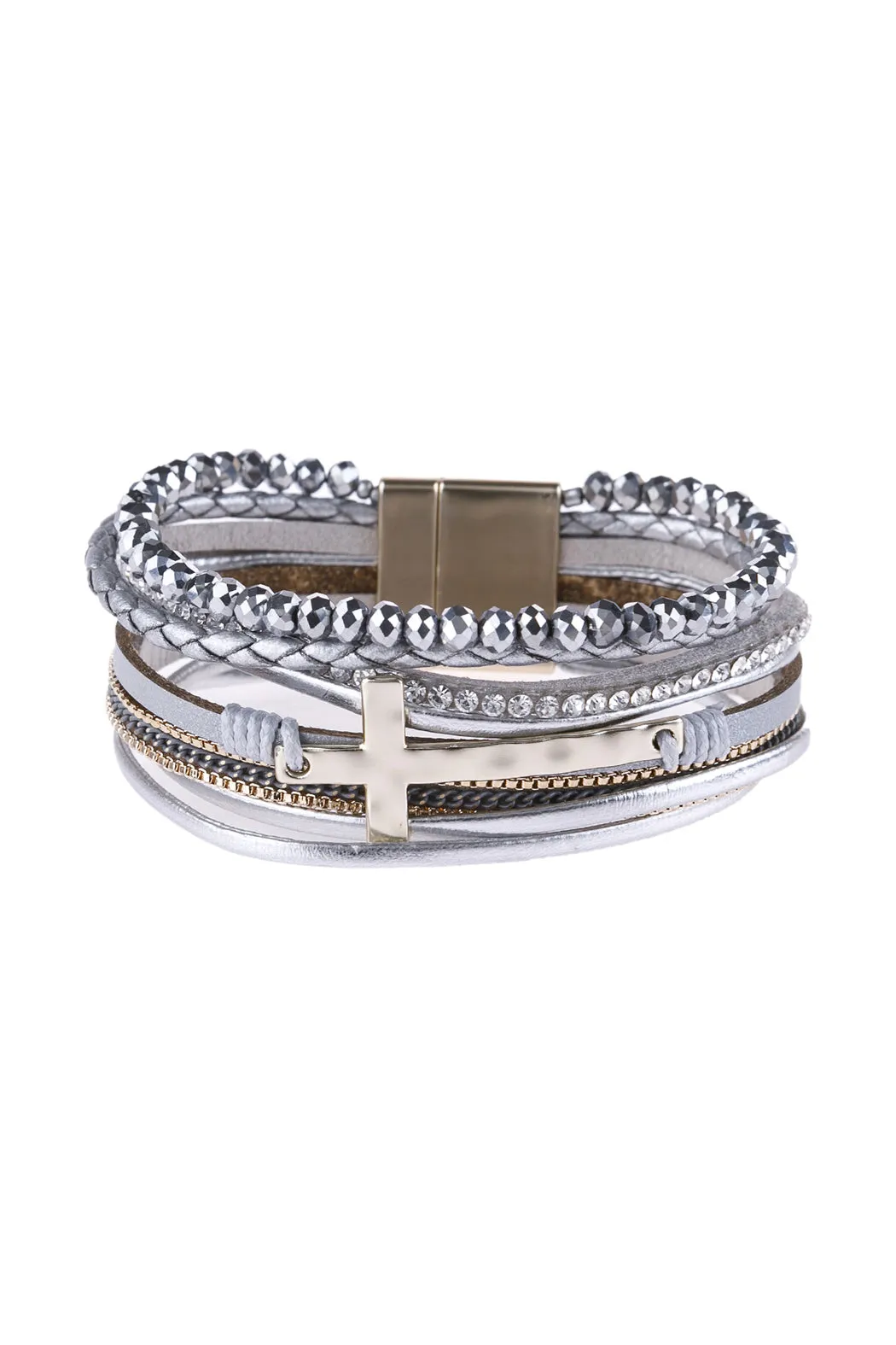 CROSS LEATHER WRAP GLASS BEADS MAGNETIC BRACELET