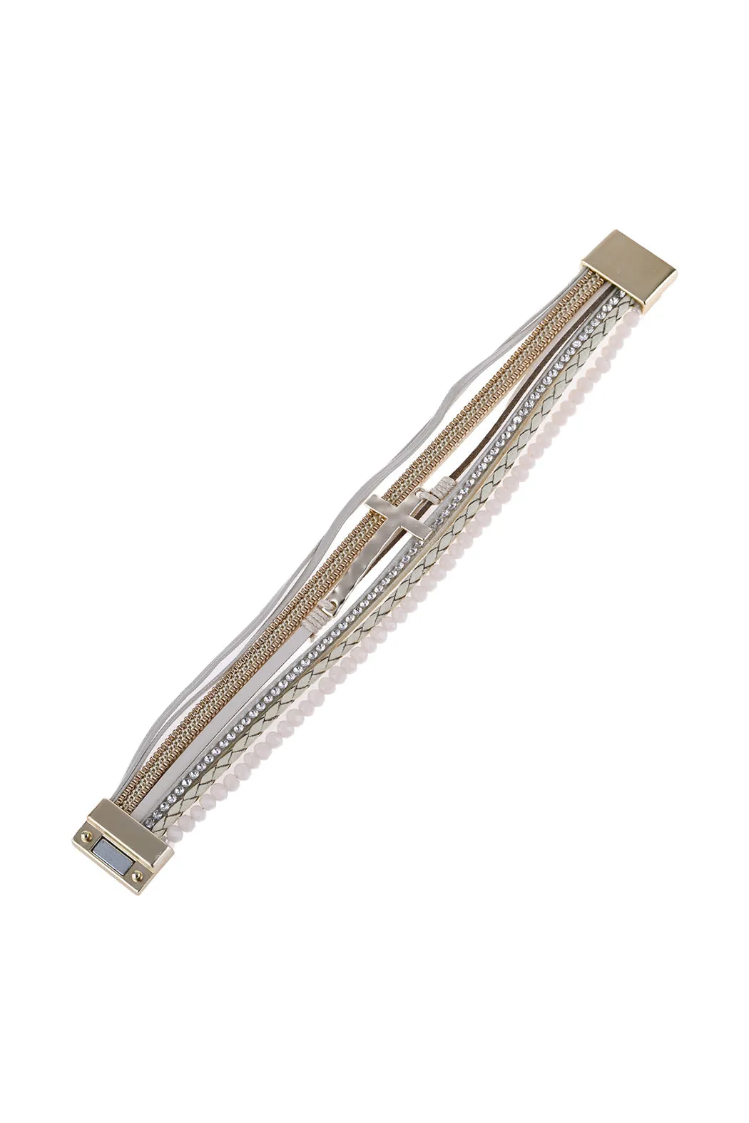 CROSS LEATHER WRAP GLASS BEADS MAGNETIC BRACELET
