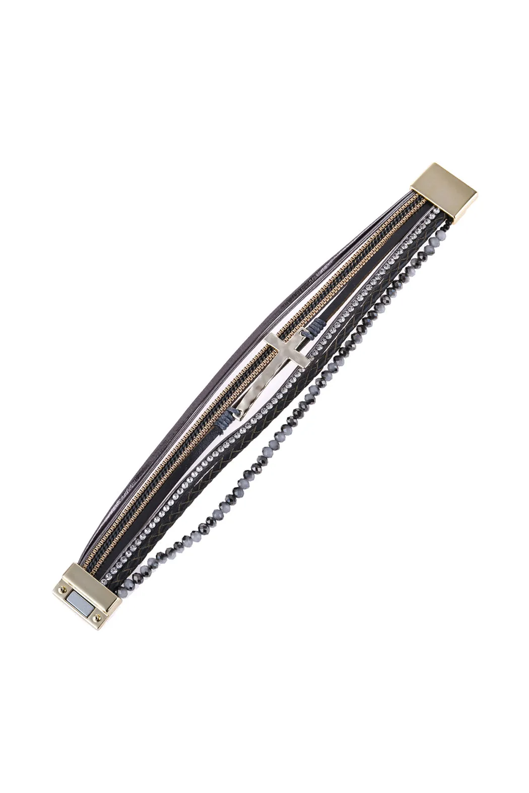 CROSS LEATHER WRAP GLASS BEADS MAGNETIC BRACELET