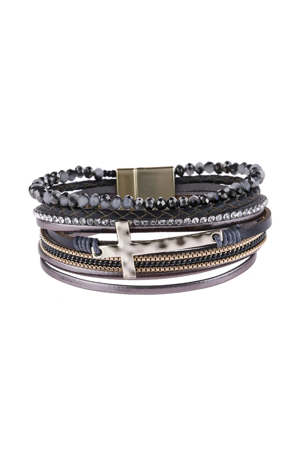 CROSS LEATHER WRAP GLASS BEADS MAGNETIC BRACELET