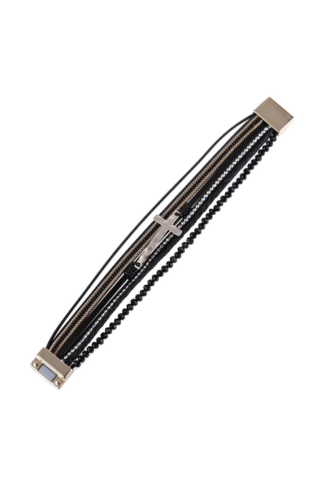 CROSS LEATHER WRAP GLASS BEADS MAGNETIC BRACELET