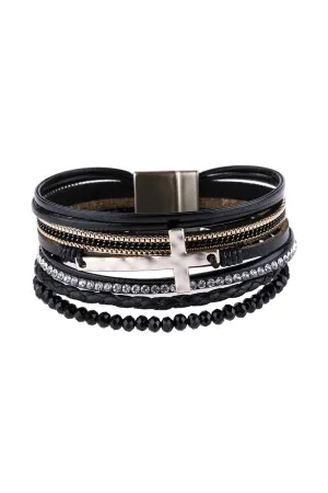CROSS LEATHER WRAP GLASS BEADS MAGNETIC BRACELET