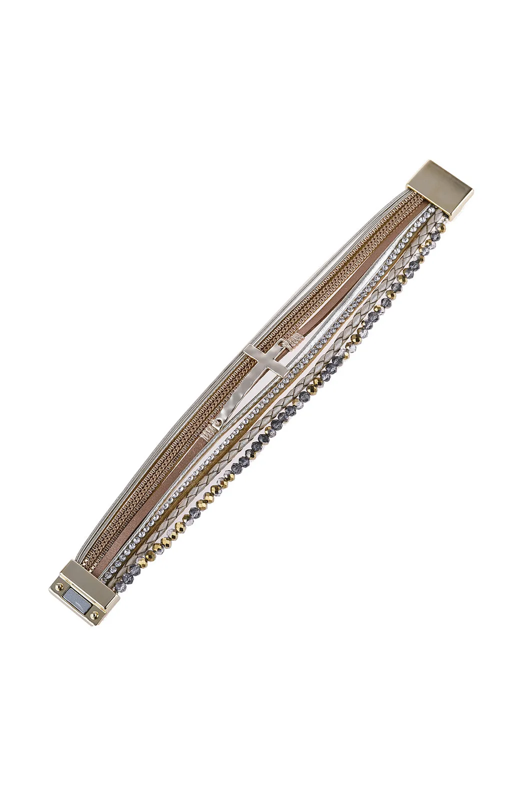 CROSS LEATHER WRAP GLASS BEADS MAGNETIC BRACELET
