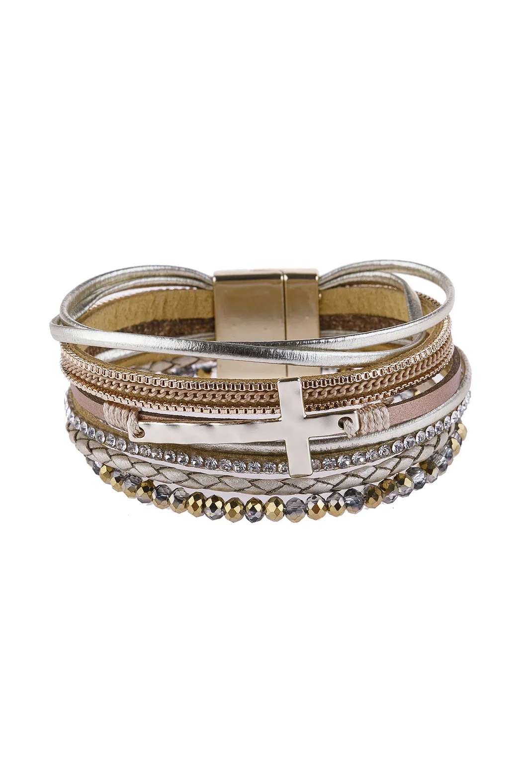 CROSS LEATHER WRAP GLASS BEADS MAGNETIC BRACELET