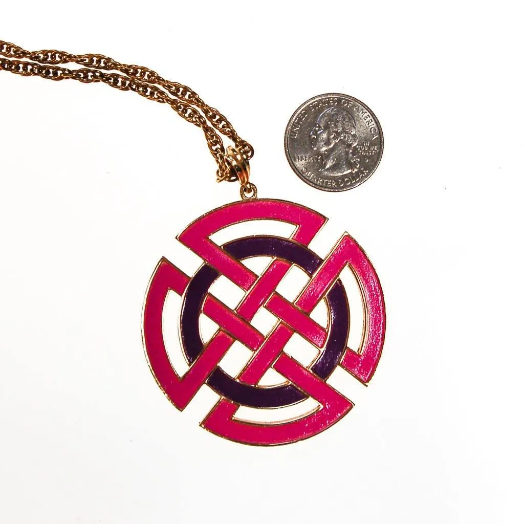 Crown Trifari Modernist Medallion Necklace, Pink, Purple, and Gold