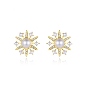 Cubic Zirconia & Pearl 18K Gold-Plated Sun Stud Earrings