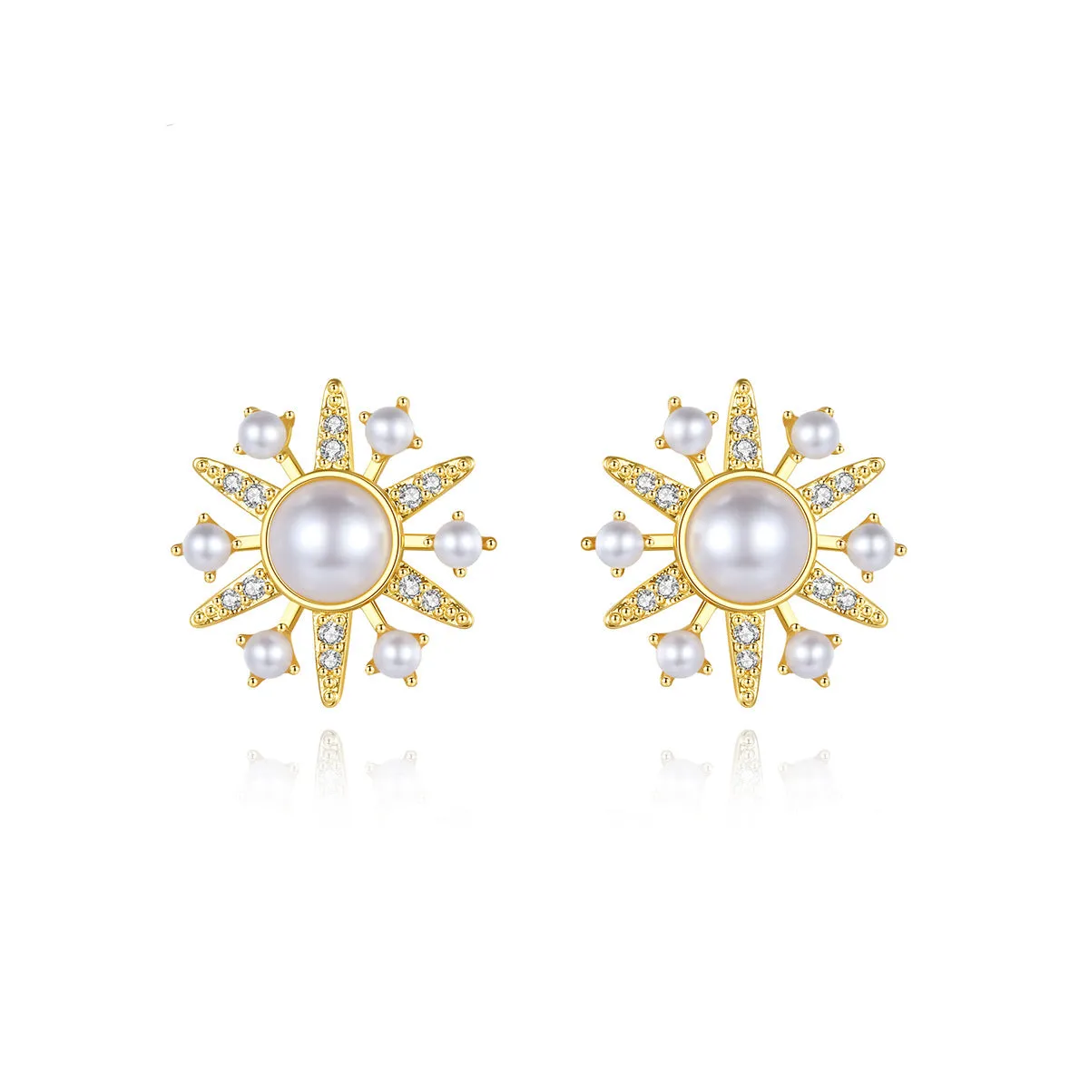 Cubic Zirconia & Pearl 18K Gold-Plated Sun Stud Earrings