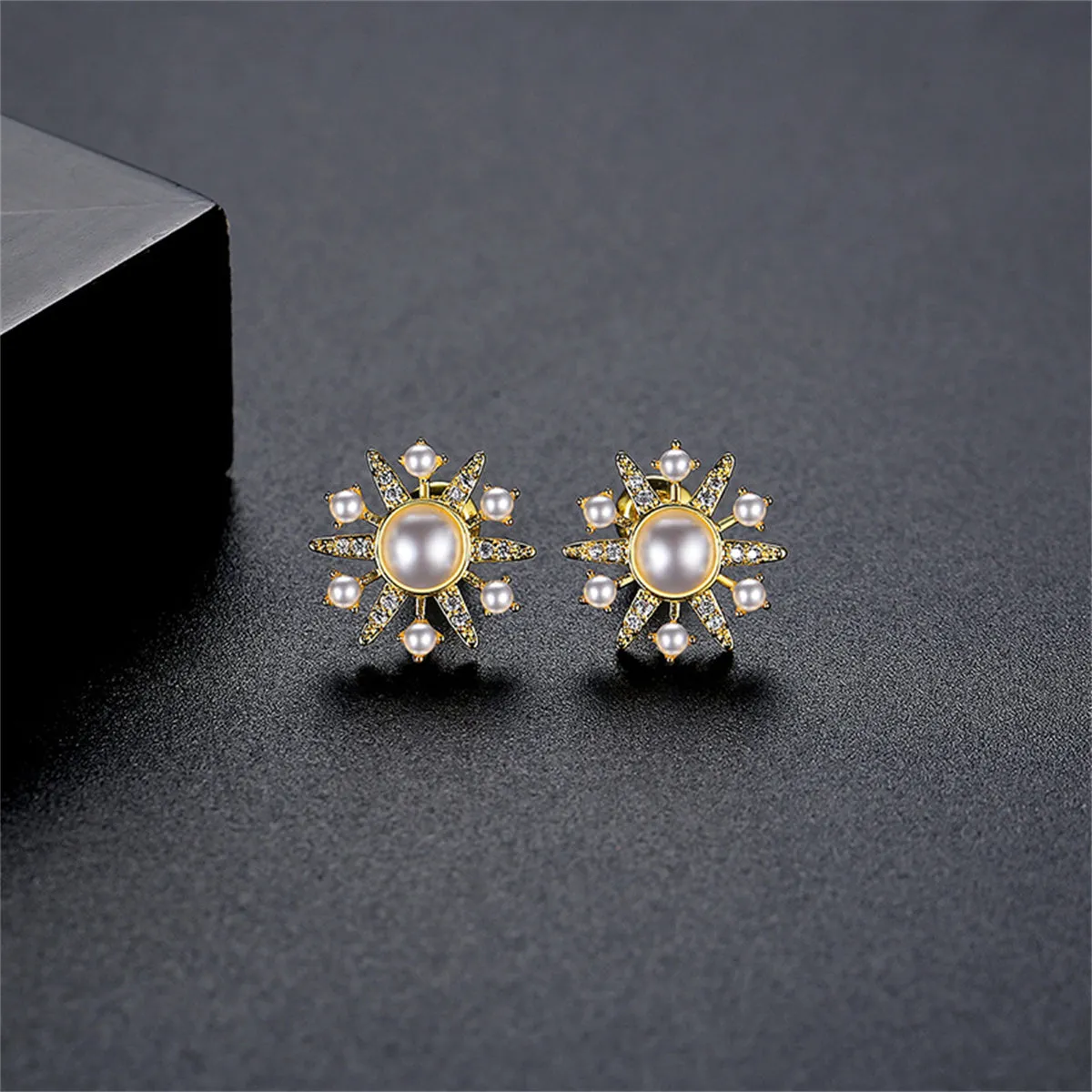 Cubic Zirconia & Pearl 18K Gold-Plated Sun Stud Earrings
