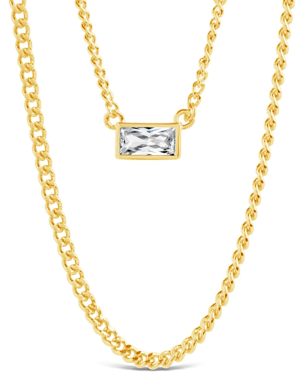 CZ Baguette Layered Curb Chain Necklace