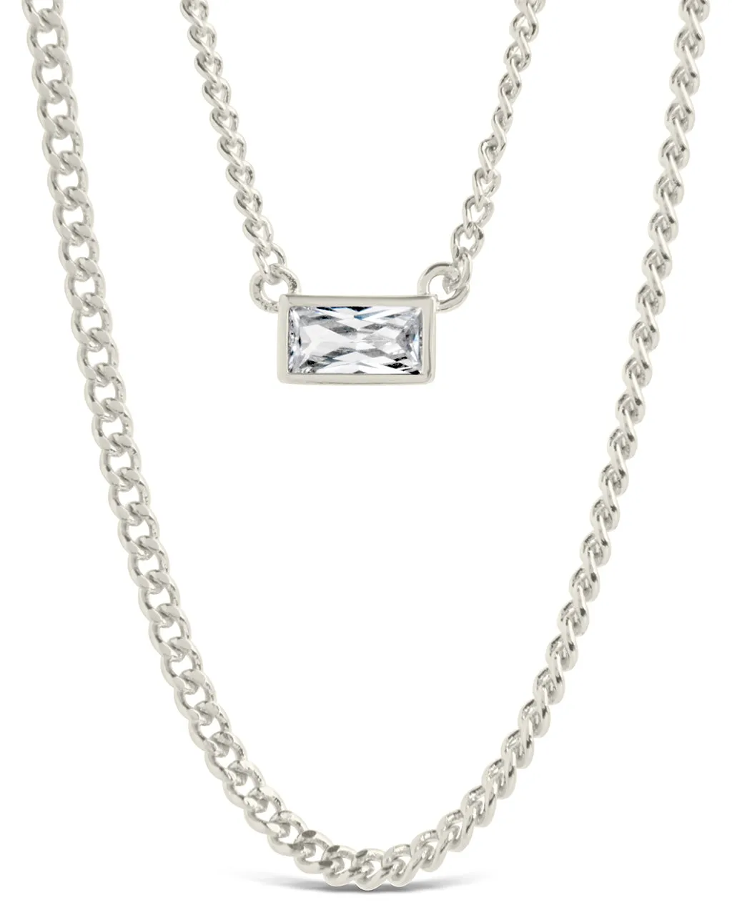 CZ Baguette Layered Curb Chain Necklace