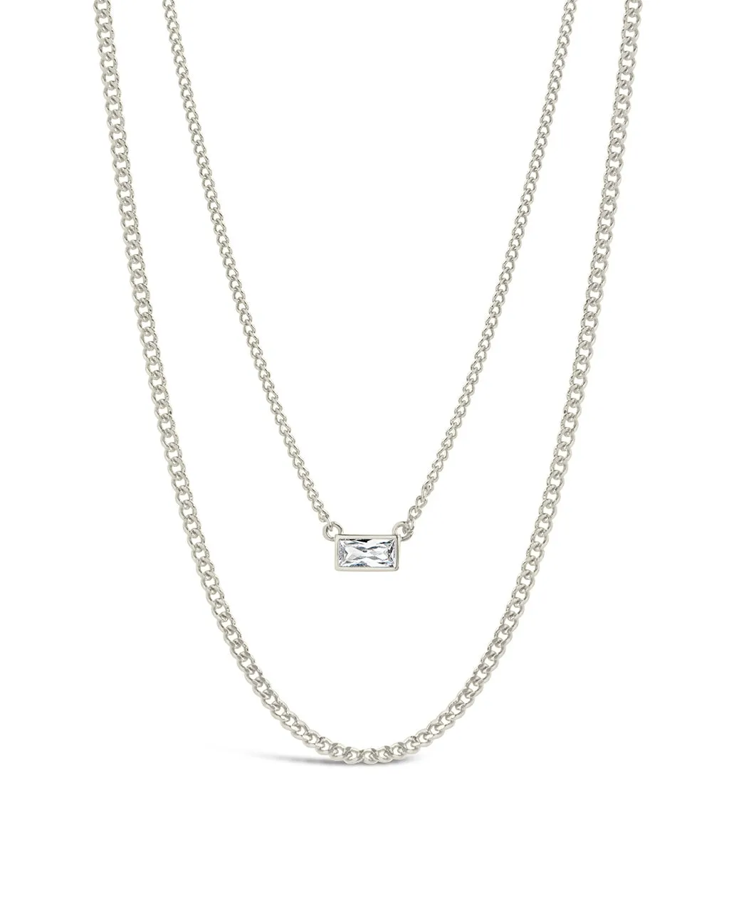 CZ Baguette Layered Curb Chain Necklace