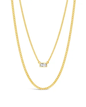 CZ Baguette Layered Curb Chain Necklace