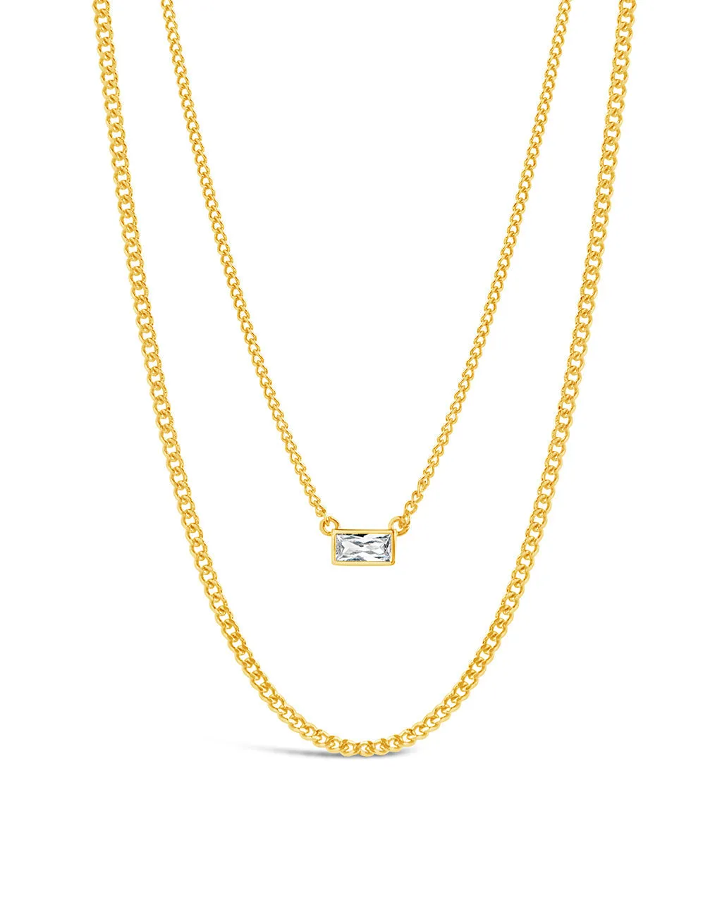 CZ Baguette Layered Curb Chain Necklace