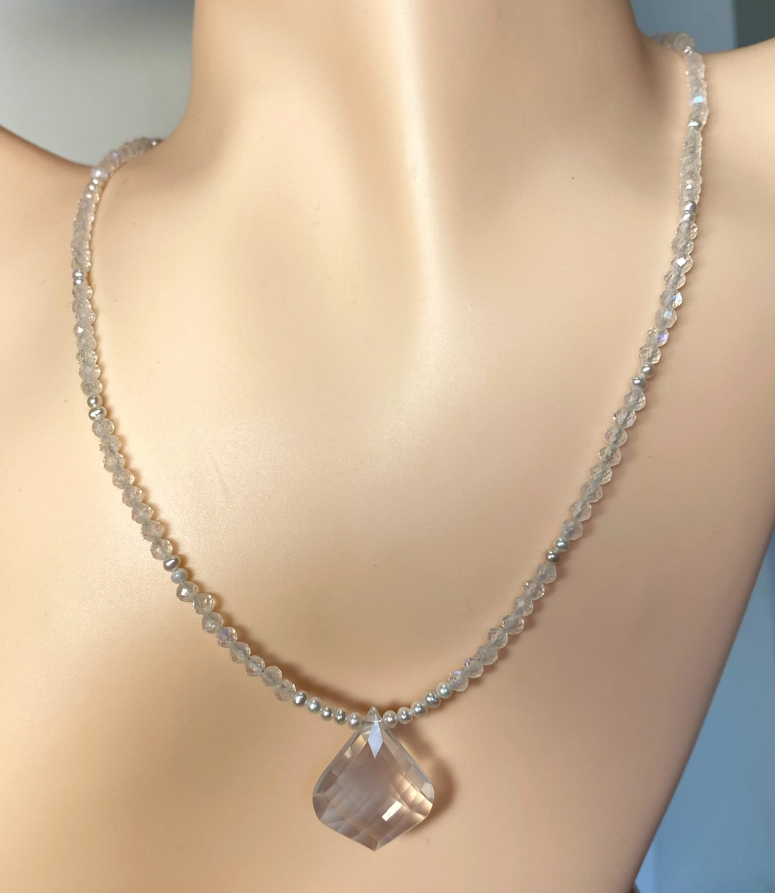 Dainty Rainbow Moonstone Pearl, Ice Quartz Pendant Bridal Necklace