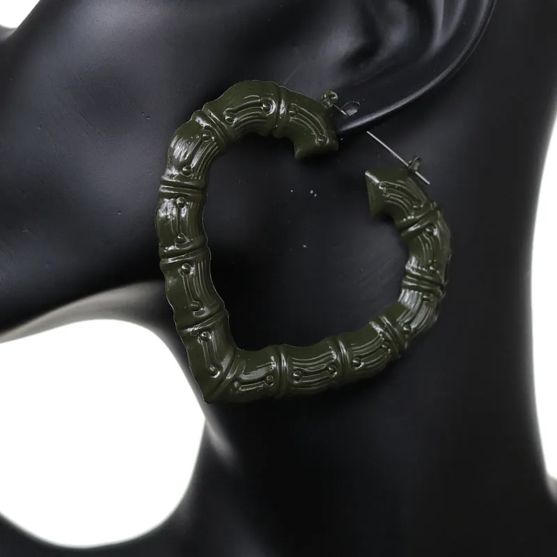 Dark Green Heart Shaped Bamboo Earrings