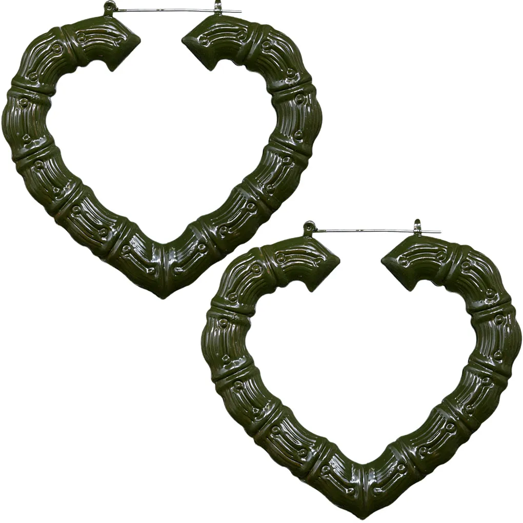 Dark Green Heart Shaped Bamboo Earrings