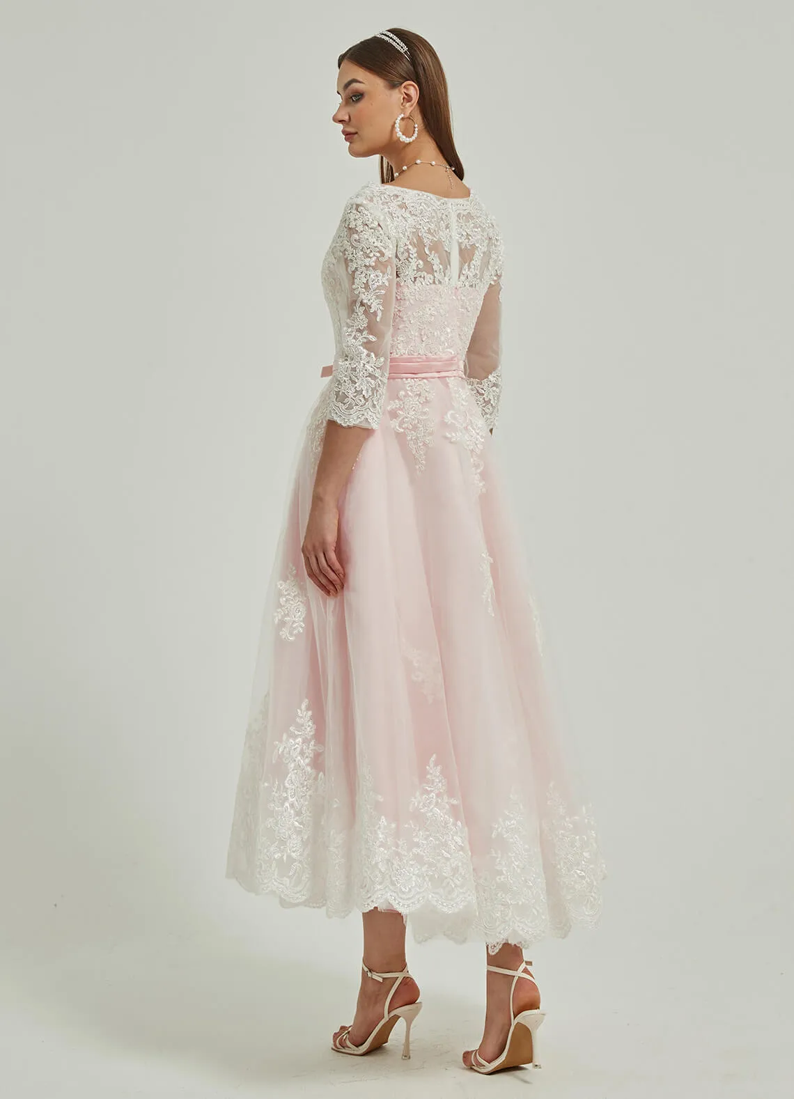 Diamond White/Blush Lace A-Line 3/4 Sleeve High Low Wedding Dress