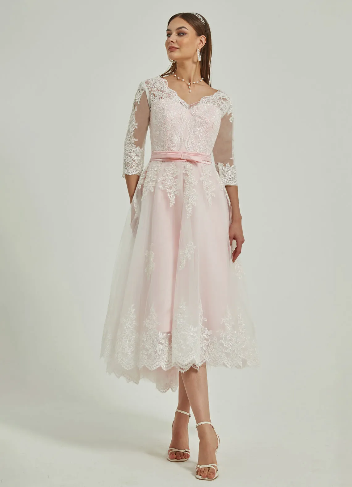 Diamond White/Blush Lace A-Line 3/4 Sleeve High Low Wedding Dress