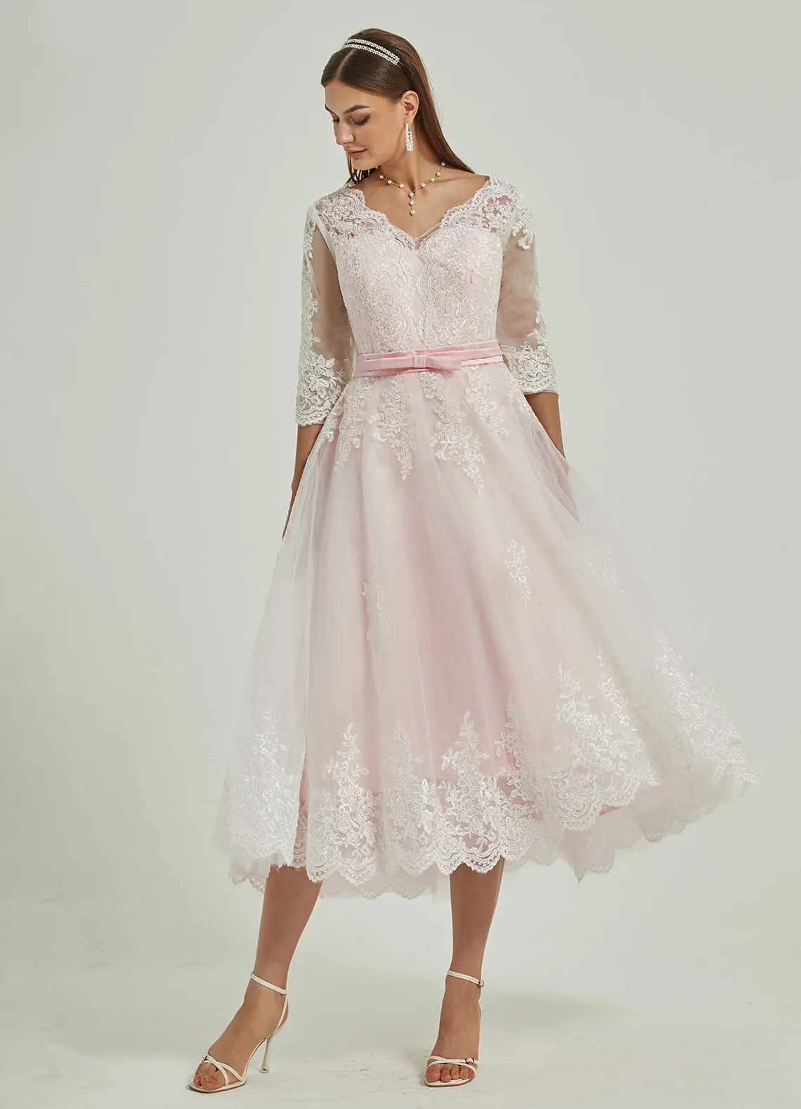 Diamond White/Blush Lace A-Line 3/4 Sleeve High Low Wedding Dress