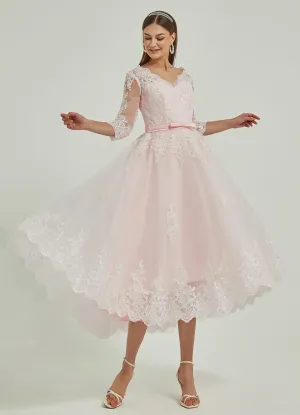 Diamond White/Blush Lace A-Line 3/4 Sleeve High Low Wedding Dress