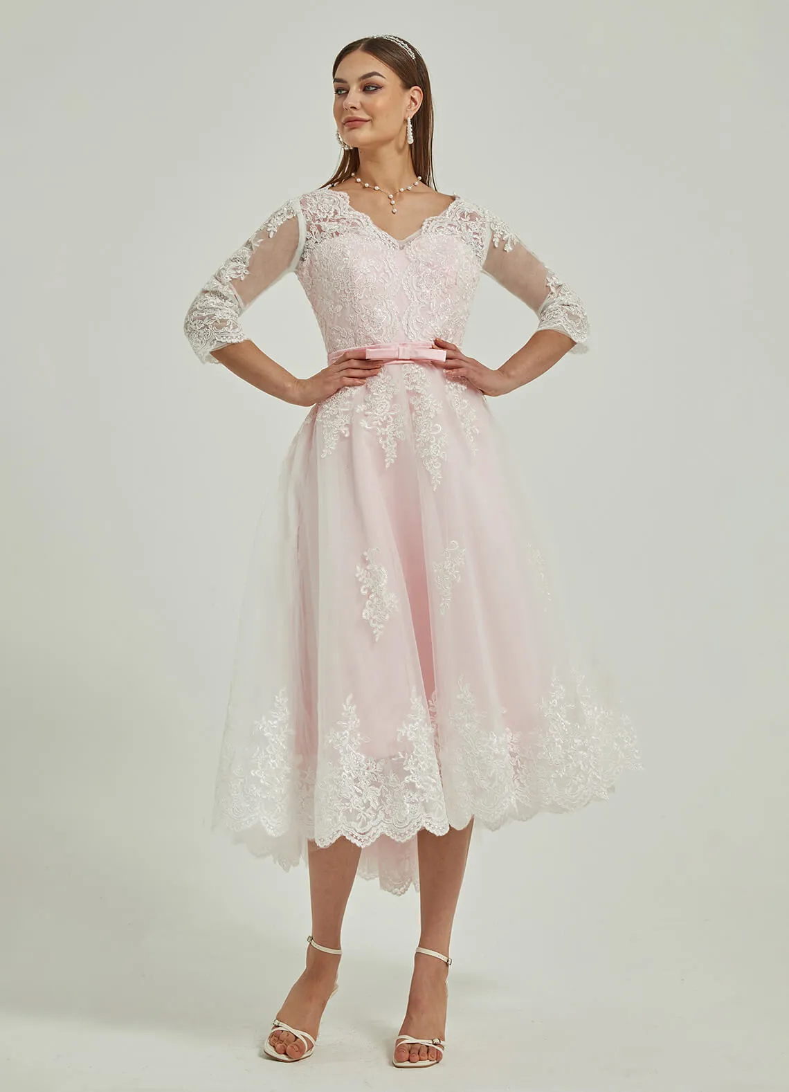Diamond White/Blush Lace A-Line 3/4 Sleeve High Low Wedding Dress
