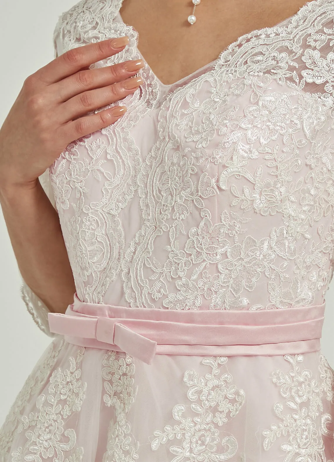 Diamond White/Blush Lace A-Line 3/4 Sleeve High Low Wedding Dress