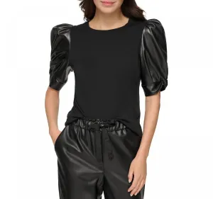 DKNY Women's Faux-Leather Puffed-Sleeve Top P2GHOOOI