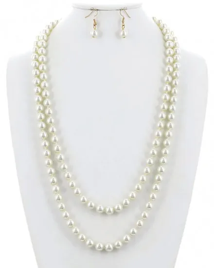 Double String Pearl Necklace and Earrings Set