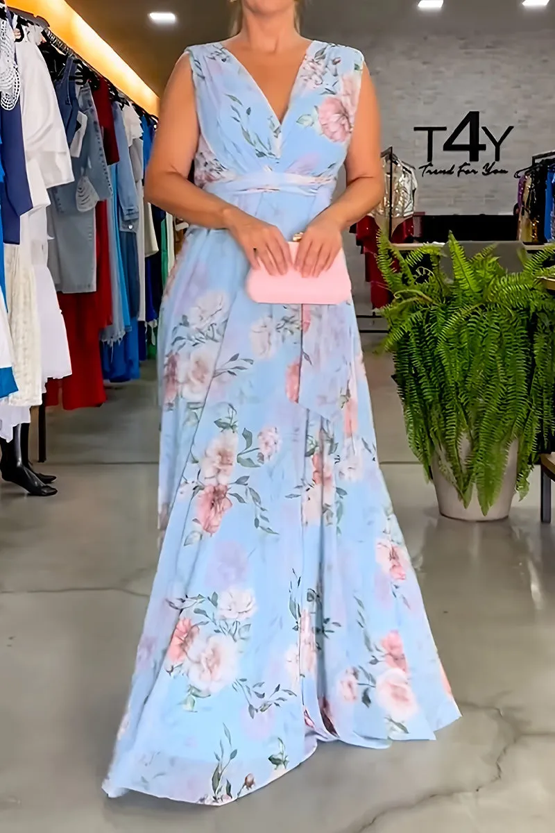Elegant Floral Print Lace Up V Neck Long Dresses(3 Colors)