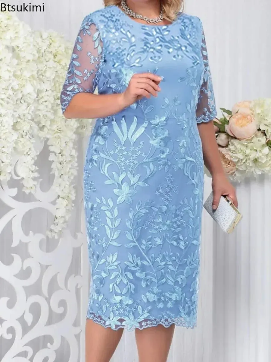 Elegant Lace Embroidered Midi Dress – Wedding Guest Gown