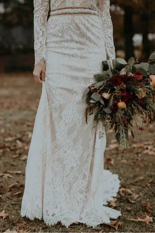 Elegant Vintage Ivory Backless Long Sleeve Rustic Lace Wedding Dresses, MW264