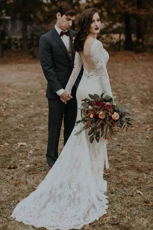 Elegant Vintage Ivory Backless Long Sleeve Rustic Lace Wedding Dresses, MW264