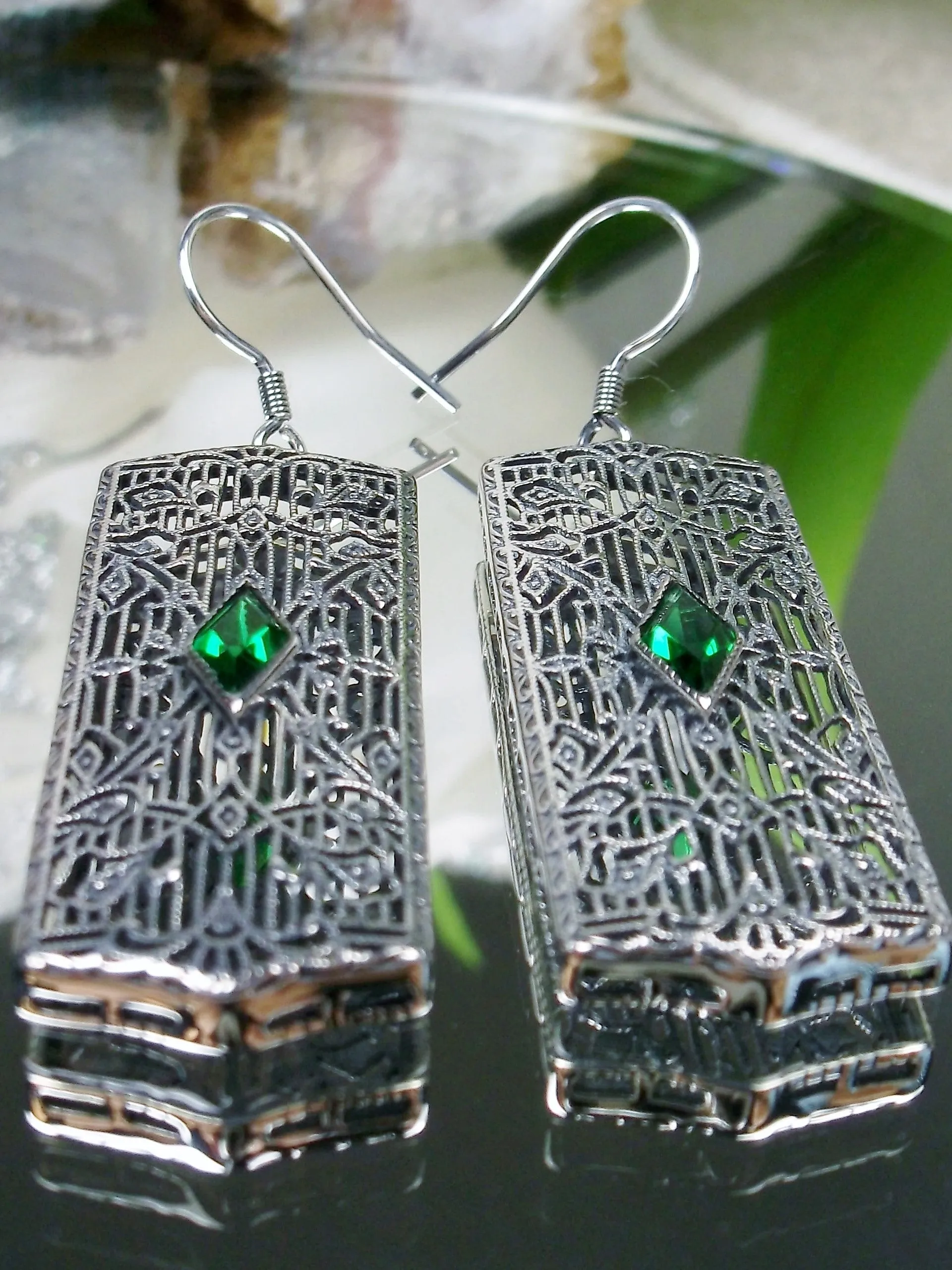 Emerald Earrings, Art Deco 1920's Revival Jewelry #E64