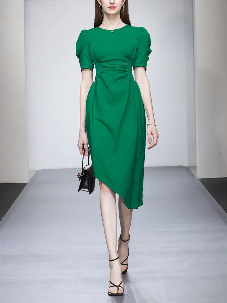 Emerald Green Crew Neck Irregular Hem 1960S Vintage Dress