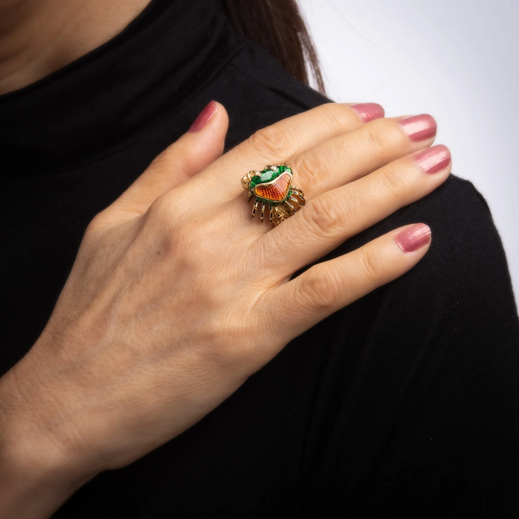 Enamel Crab Ring Vintage 18k Yellow Gold Cancer Zodiac Sign Jewelry Sz 6.25