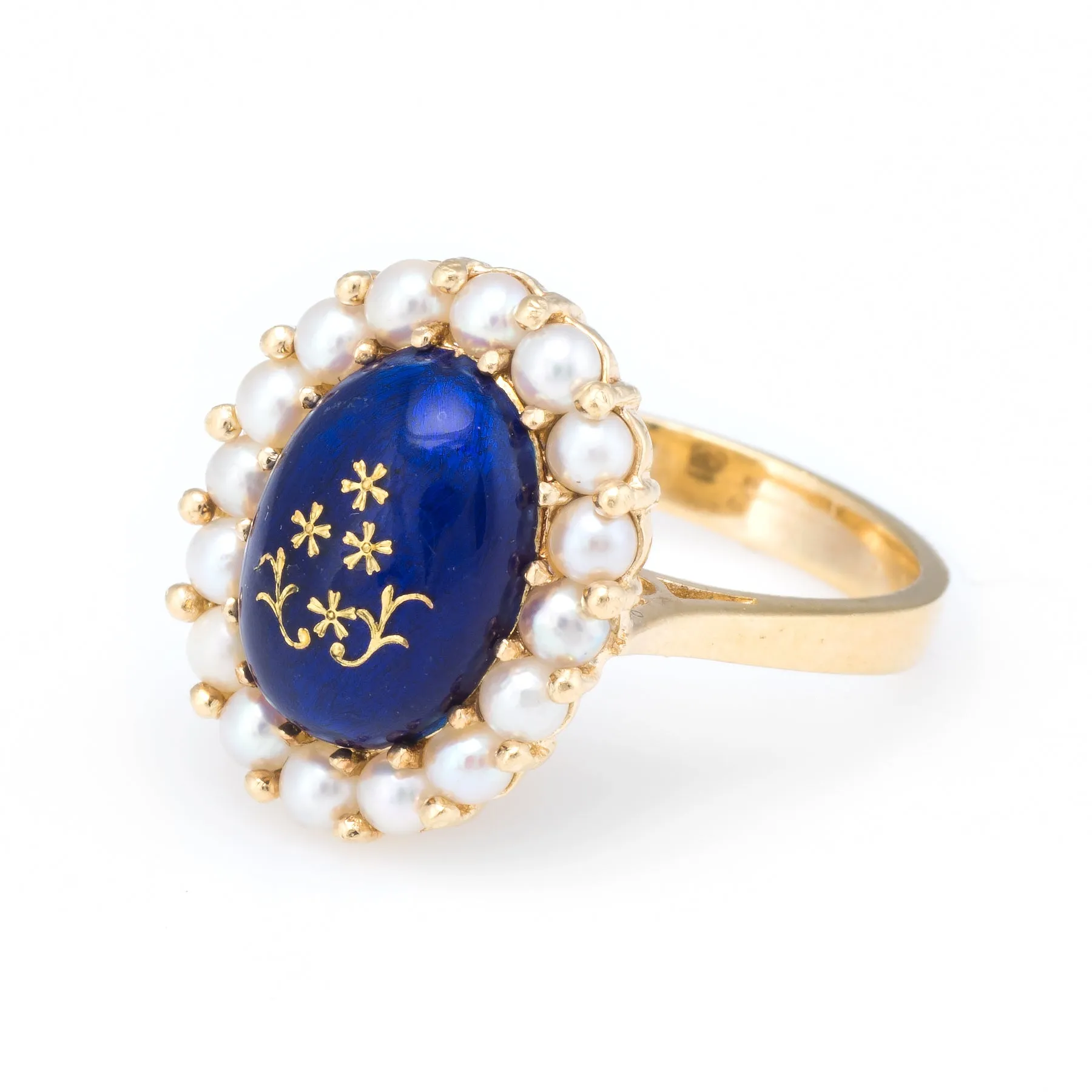 Enamel Cultured Pearl Princess Cocktail Ring Vintage 18k Yellow Gold Estate Fine