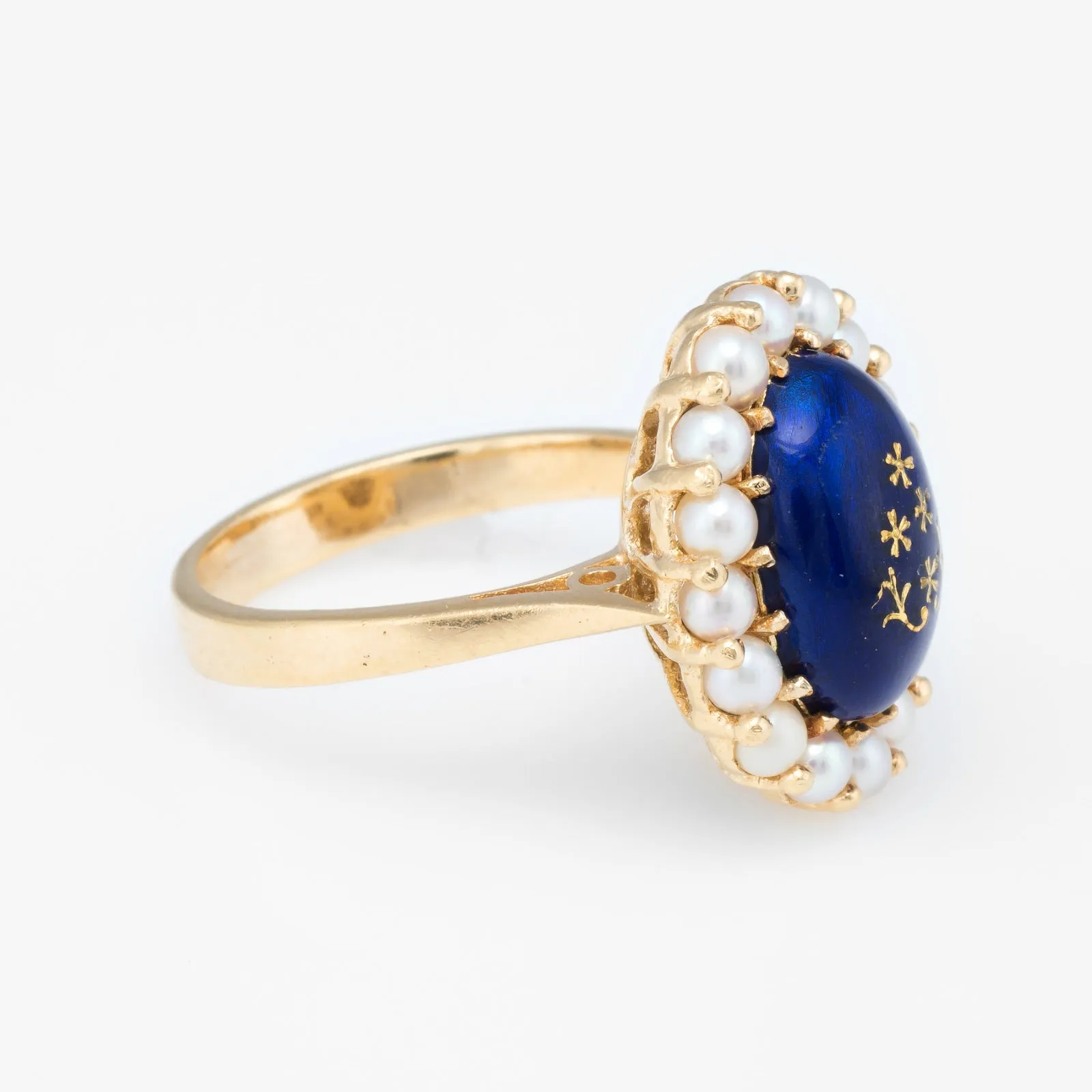 Enamel Cultured Pearl Princess Cocktail Ring Vintage 18k Yellow Gold Estate Fine