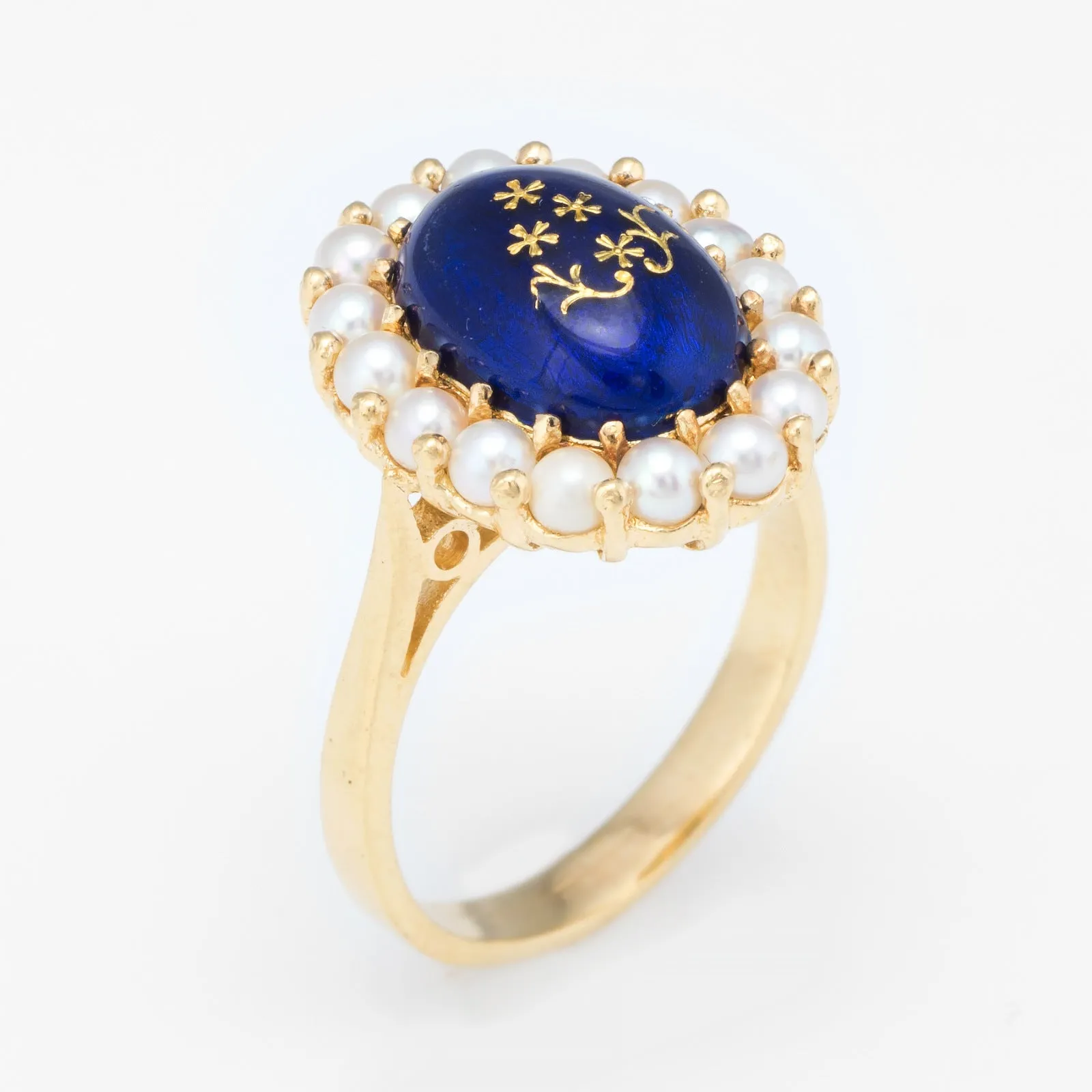 Enamel Cultured Pearl Princess Cocktail Ring Vintage 18k Yellow Gold Estate Fine