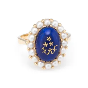 Enamel Cultured Pearl Princess Cocktail Ring Vintage 18k Yellow Gold Estate Fine