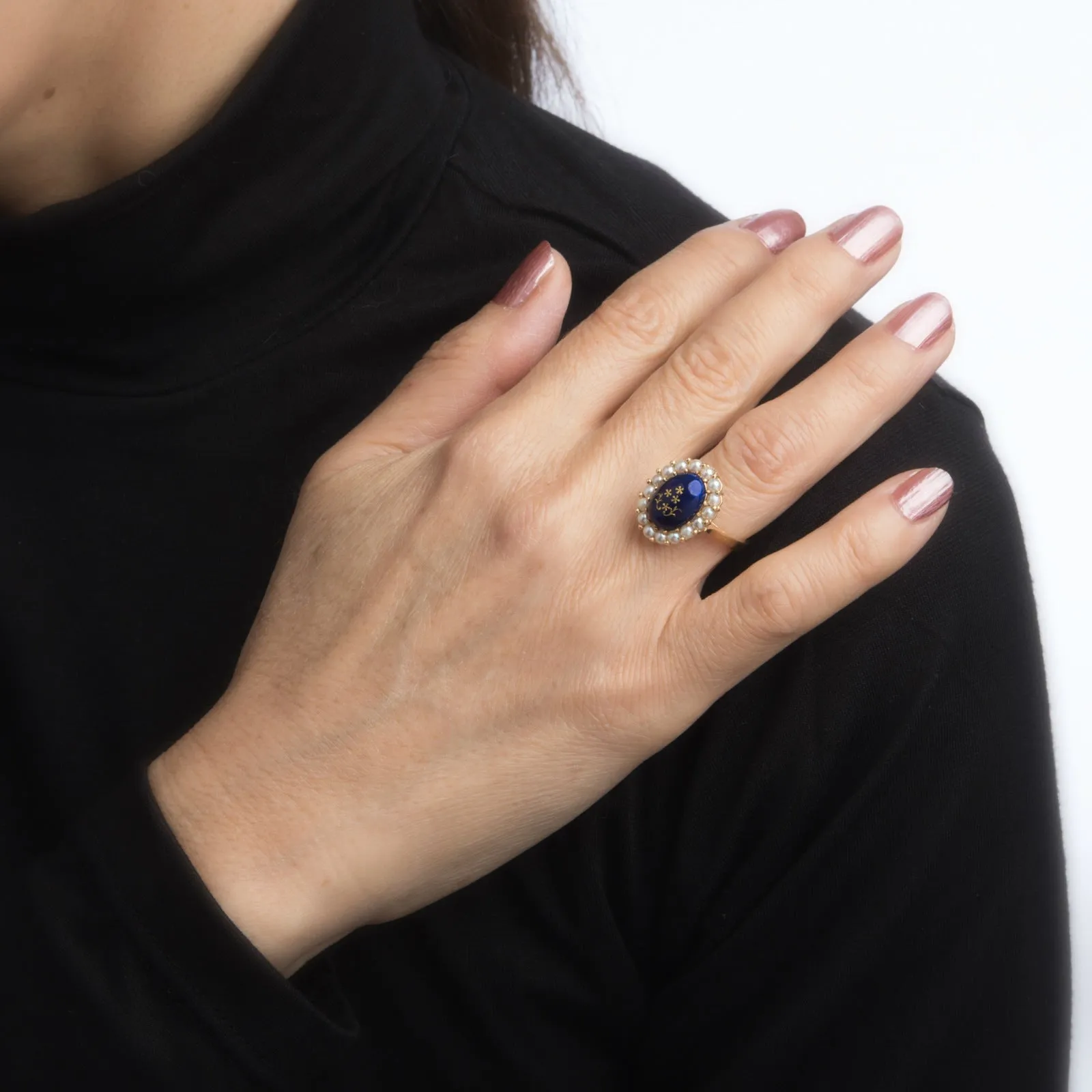 Enamel Cultured Pearl Princess Cocktail Ring Vintage 18k Yellow Gold Estate Fine