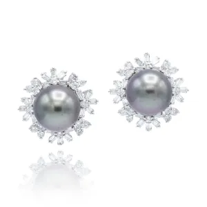 Estate Diamond And Tahitian Pearl Earrings